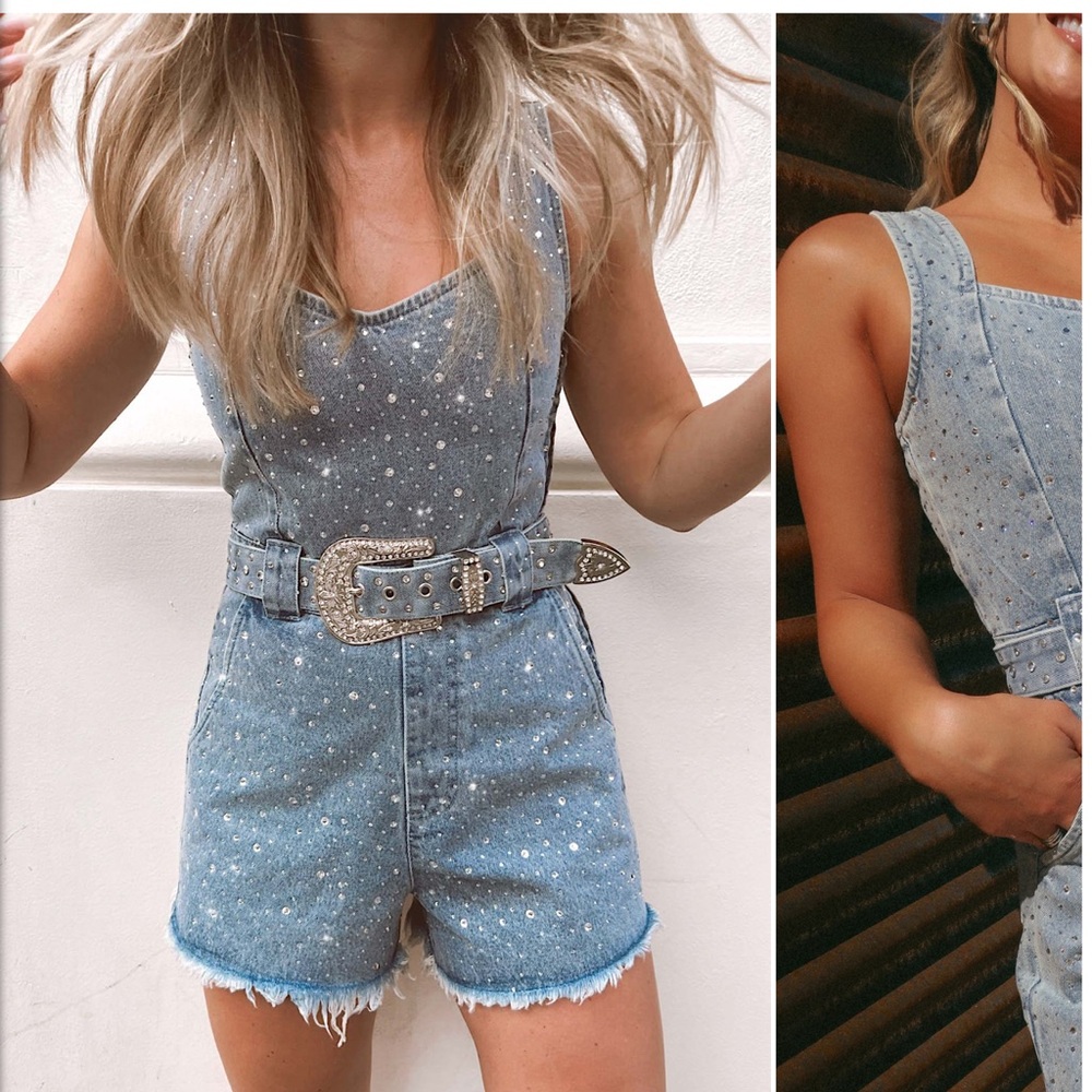 Show Me Your MuMu Light Blue Denim Studded Romper with Rhinestone Belt